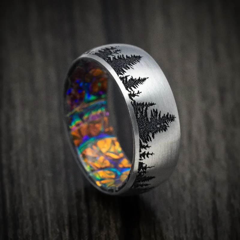 Titanium and Spruce Pine Tree Design Band With Dichrolam Sleeve Men's Ring Custom Made Band