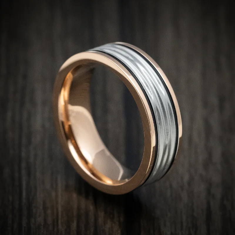 Two-Tone 14K Gold Men's Ring with Cerakote Grooves Custom Made Band