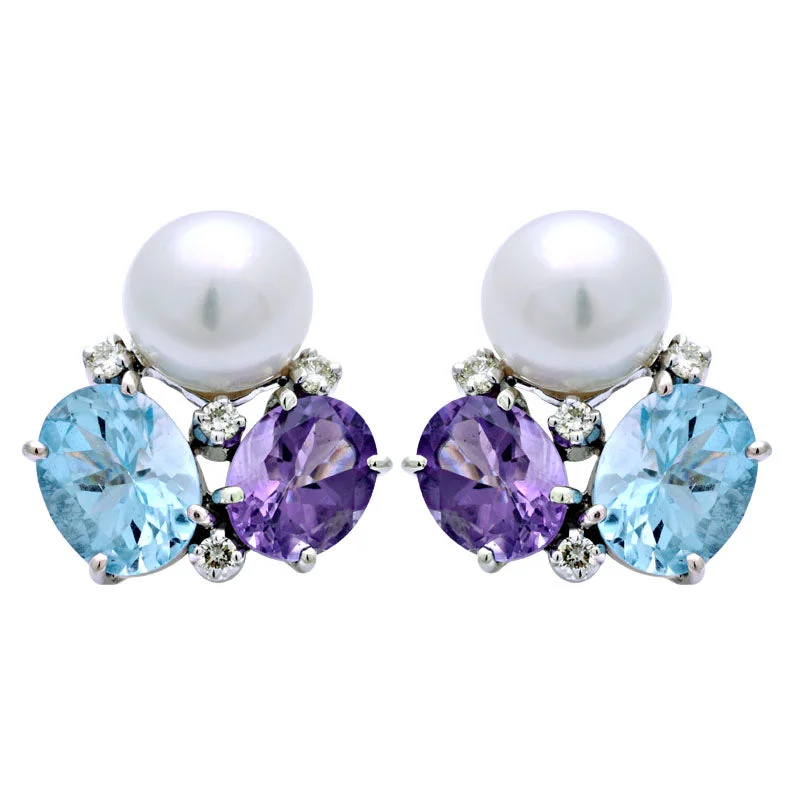 Earrings-Amethyst, Blue Topaz, South Sea Pearl and Diamond