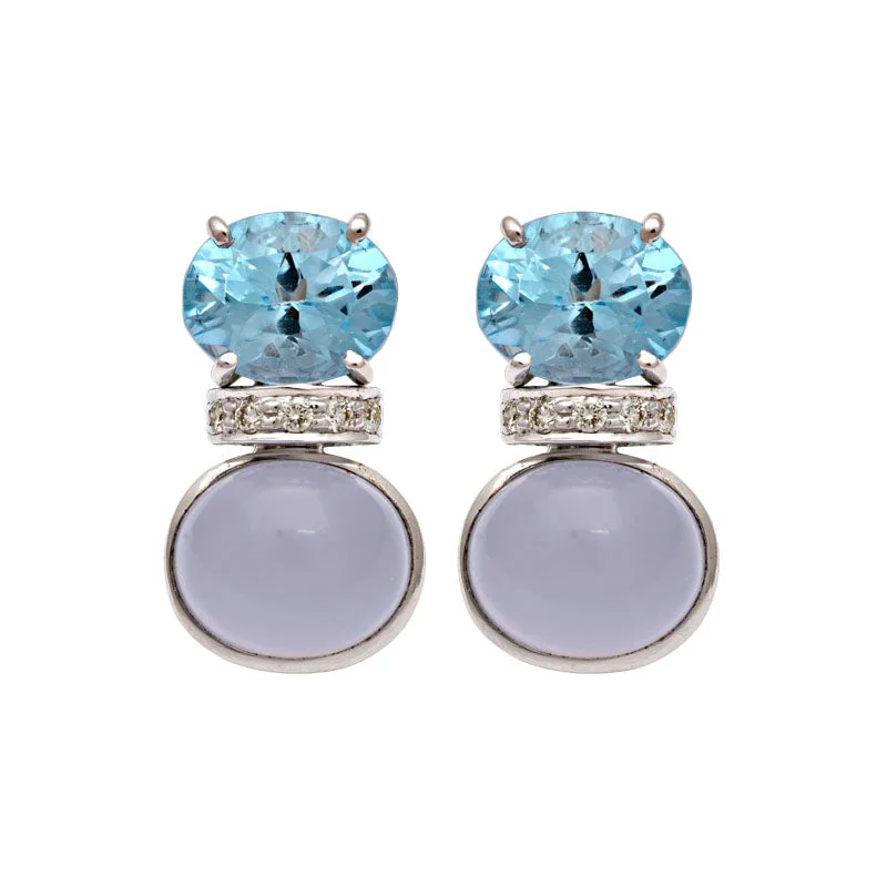 Earrings-Blue Topaz, Chalcedony and Diamond