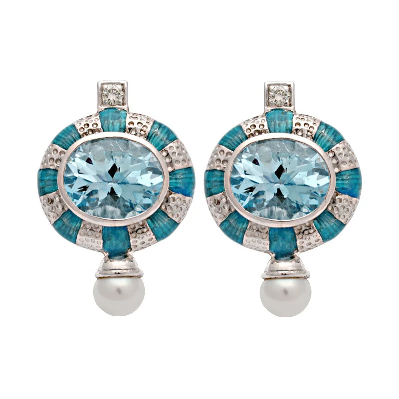 Earrings-Blue Topaz, Fresh Water Pearl and Diamond (Enamel)