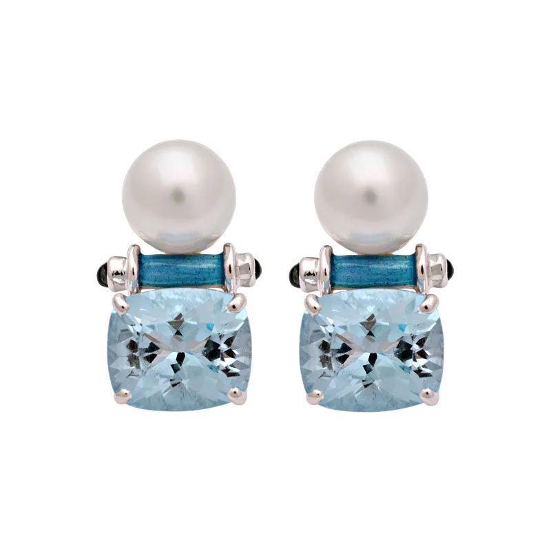 Earrings-Blue Topaz, Iolite and South Sea Pearl (Enamel)