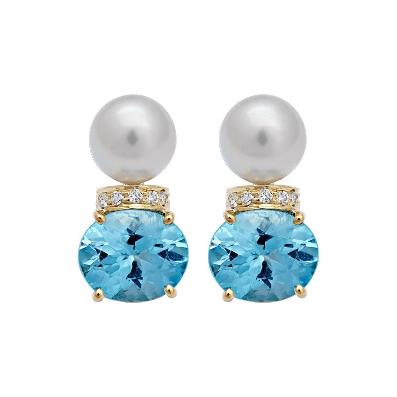 Earrings-Blue Topaz, South Sea Pearl and Diamond