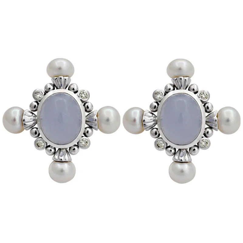 Earrings-Chalcedony, Fresh Water Pearl and Diamond