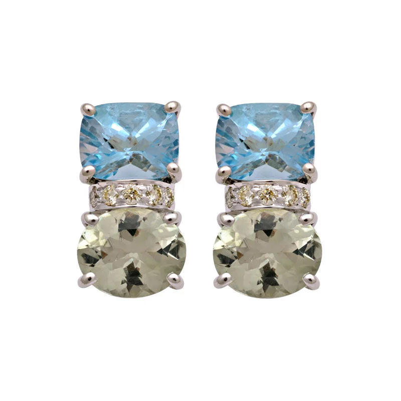 Earrings-Green Quartz, Blue Topaz and Diamond