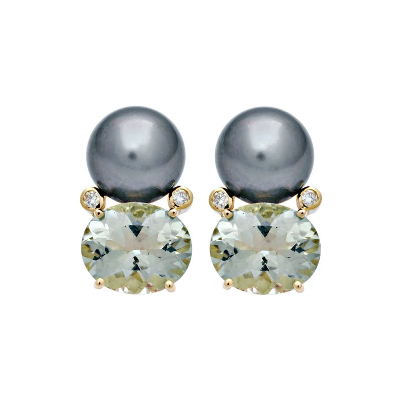 Earrings-Green Quartz, South Sea Pearl and Diamond