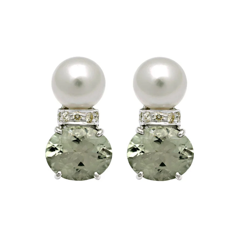 Earrings-Green Quartz, South Sea Pearl and Diamond