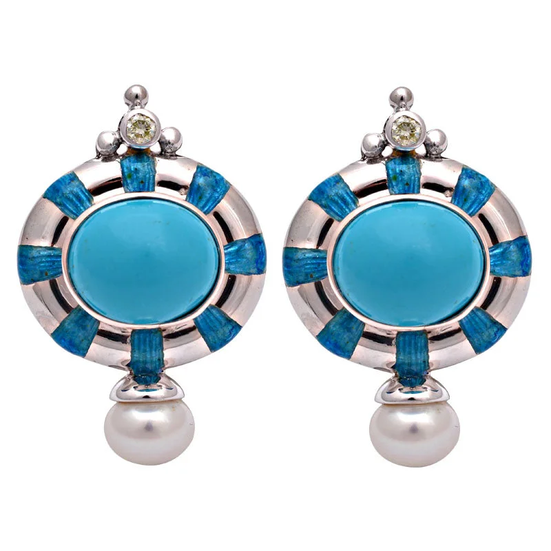 Earrings-Turquoise, Fresh Water Pearl and Diamond (Enamel)